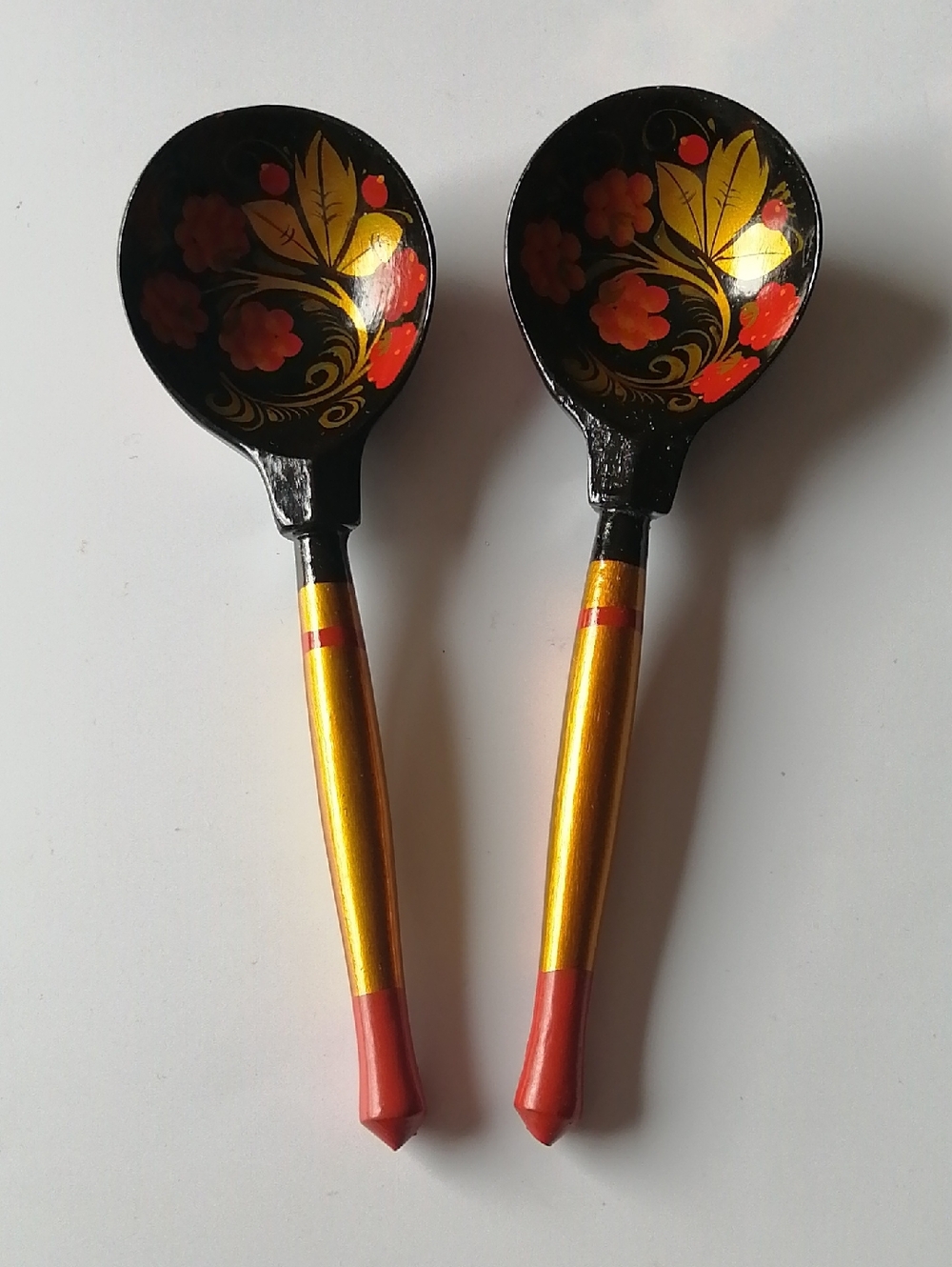USSR Khokhloma Hand-Painted Russian Floral Spoons in Black, Gold & Red (2)
